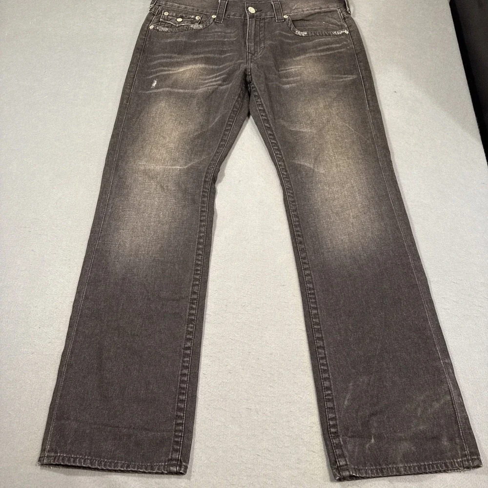 JEANS‎ STRAIGHT True Religion MENS 36X32 Black Flap Pockets Dark Wash